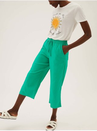Zkrácené kalhoty s širokými nohavicemi, s vysokým obsahem lnu Marks & Spencer zelená