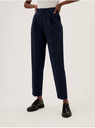 Zúžené kalhoty ze směsi lnu s plisováním vepředu Marks & Spencer námořnická modrá