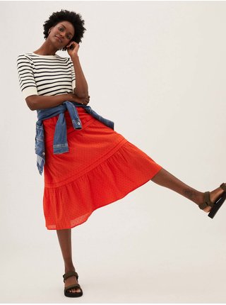 Naberaná midi sukňa z čistej bavlny Marks & Spencer oranžová