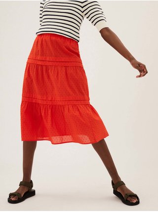 Naberaná midi sukňa z čistej bavlny Marks & Spencer oranžová