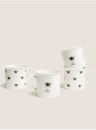 Sada čtyř hrnků s motivem včel v bílé barvě Marks & Spencer    