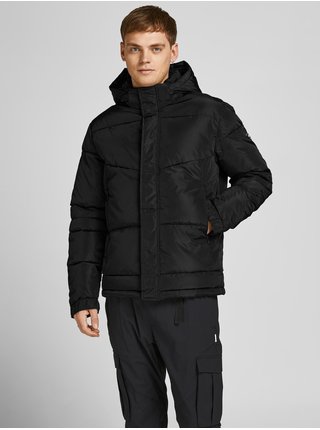Černá pánská prošívaná zimní bunda s kapucí Jack & Jones Pan