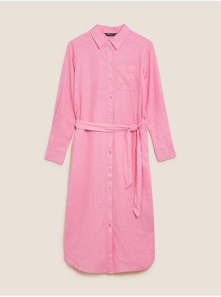 Proužkované košilové midi šaty s páskem a vysokým podílem lnu Marks & Spencer růžová