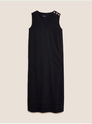 Splývavé midi šaty s výstřihem do V, ze směsi lnu Marks & Spencer černá