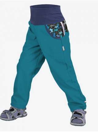 Modré dětské softshellové vzorované kalhoty s vysokým pasem Unuo