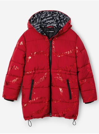 Červený dievčenský zimný prešívaný kabát Desigual Letters