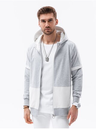 Bílo-šedá pánská mikina na zip s kapucí Ombre Clothing