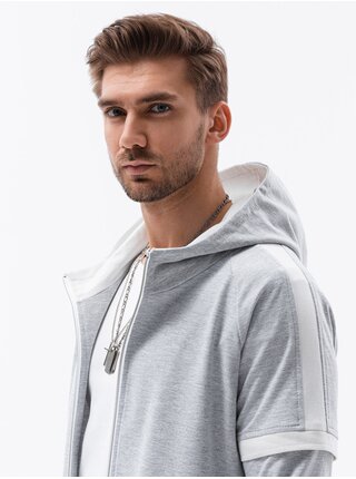 Bílo-šedá pánská mikina na zip s kapucí Ombre Clothing
