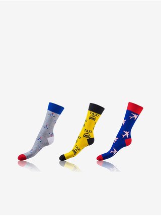 Sada tří párů dámských vzorovaných ponožek v šedé, žluté a modré barvě Bellinda CRAZY SOCKS 