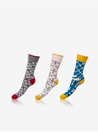Sada tří párů dámských vzorovaných ponožek v šedé, bílé a modré barvě Bellinda CRAZY SOCKS 