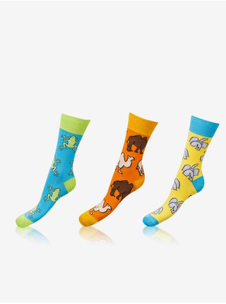 Sada tří párů dámských vzorovaných ponožek v modré, žluté a oranžové barvě Bellinda CRAZY SOCKS 
