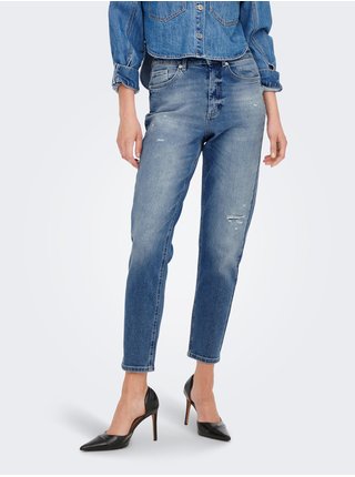 Modré zkrácené mom fit džíny s vyšisovaným efektem ONLY Veneda