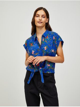 Tmavomodrá kvetovaná košeľa s krátkym rukávom a uzlom CAMAIEU