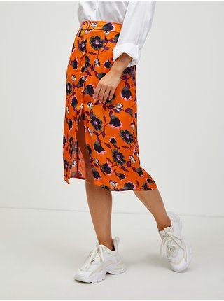 Oranžová květovaná sukně s rozparkem CAMAIEU