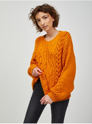 Oranžový volný svetr s copánky CAMAIEU
