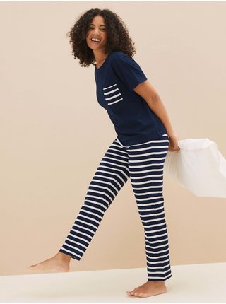 Pruhovaná pyžamová souprava z čisté bavlny Marks & Spencer námořnická modrá