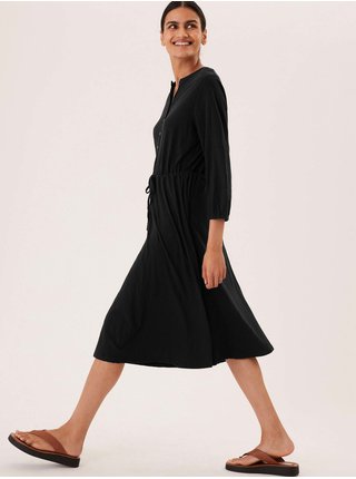 Midi šaty se zvýrazněným pasem a kulatým výstřihem, z čisté bavlny Marks & Spencer černá