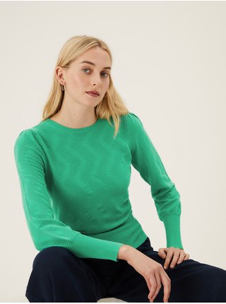 Zelený dámský svetr s texturou, balonovými rukávy a kulatým výstřihem Marks & Spencer 
