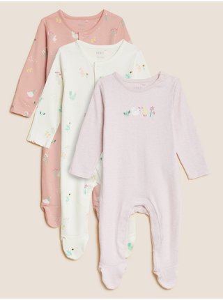 Sada tří dětských vzorovaných kombinéz na spaní v růžové, bílé a světle fialově barvě Marks & Spencer 