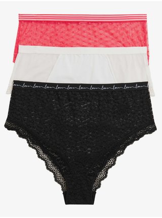 Sada tří dámských krajkových brazilských kalhotek v černé, bílé a červené barvě Marks & Spencer   