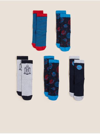 Barevná sada pěti párů ponožek s motivem vesmíru a vysokým podílem bavlny Marks & Spencer