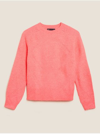 Růžový dámský volný žebrovaný svetr s kulatým výstřihem Marks & Spencer