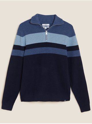 Tmavě modrý pánský proužkovaný svetr ze směsi bavlny se zipem u krku Marks & Spencer 