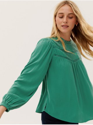 Zelená dámská halenka ke krku s dlouhým rukávem a volány Marks & Spencer 