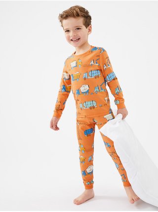 Oranžové dětské pyžamo s vysokým podílem bavlny a dopravním potiskem Marks & Spencer 