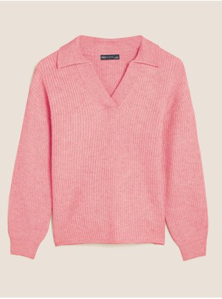 Růžový dámský žebrovaný svetr s límcem Marks & Spencer 