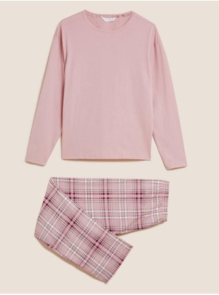 Kostkovaná pyžamová souprava z čisté bavlny Marks & Spencer růžová