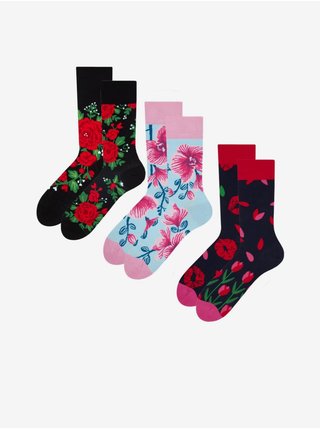 Sada tří párů unisex květovaných ponožek v černé, červené a růžové barvě Dedoles 