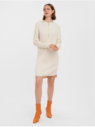Krémové žebrované mikinové šaty s kapucí VERO MODA Hermosa