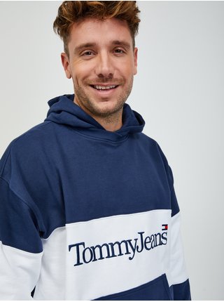 Mikiny s kapucou pre mužov Tommy Jeans - tmavomodrá, biela