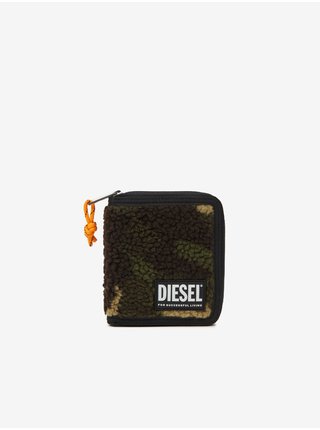 Hnědo-zelená pánská vzorovaná peněženka s umělým kožíškem Diesel