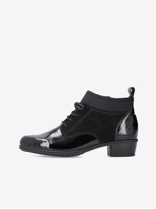 Černé dámské lesklé kotníkové kožené boty na podpatku Rieker