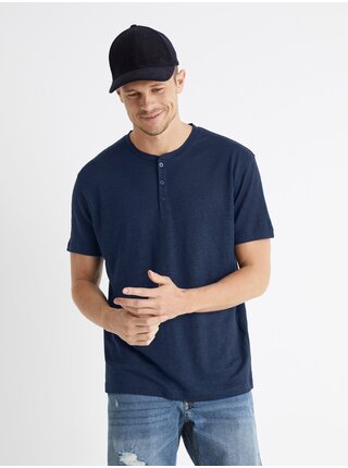 Tmavě modré lněné tričko s krátkým rukávem Celio