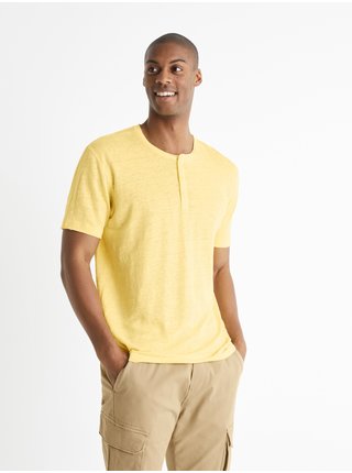 Žluté lněné tričko s krátkým rukávem Celio