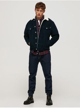 Tmavomodrá pánska menčestrová bunda s umelým kožúškom Pepe Jeans Pinner