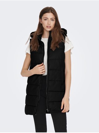 Černá prošívaná vesta s kapucí a povrchovou úpravou ONLY Anja