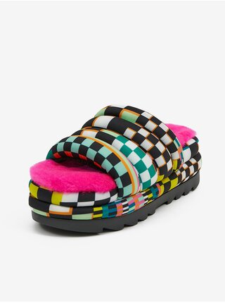 Růžovo-černé dámské kostkované domácí pantofle na platformě UGG Maxi Checks