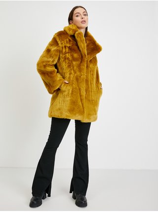 Hořčicový dámský kabát z umělé kožešiny ORSAY
