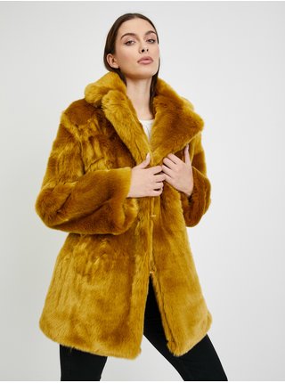 Hořčicový dámský kabát z umělé kožešiny ORSAY