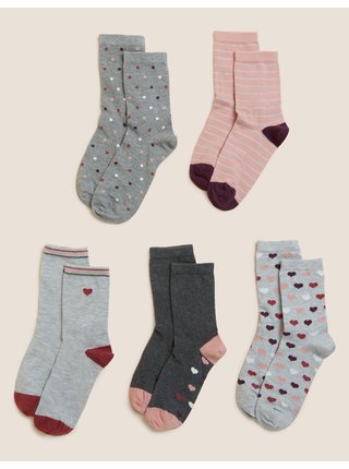 Sada pěti párů dámských ponožek v šedej, růžovej a vínovej barvě Marks & Spencer 