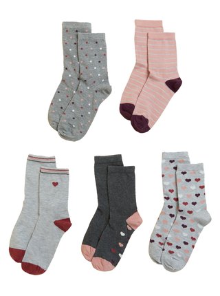 Sada pěti párů dámských ponožek v šedej, růžovej a vínovej barvě Marks & Spencer 