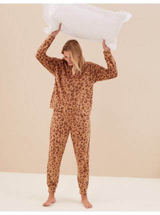 Hnědé dámské flísové pyžamo se zvířecím vzorem Marks & Spencer