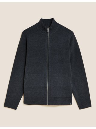 Tmavě šeddá pánská žebrovaná pletená bunda na zip Marks & Spencer 