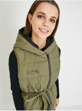 Khaki dámská prošívaná dlouhá vesta s kapucí Devergo