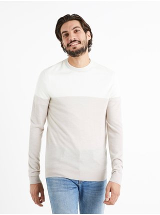 Bílo-béžový pánský svetr s příměsí Merino vlny Celio Cemeribloc
