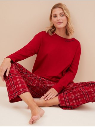 Červené dámské bavlněné kostkované pyžamo Marks & Spencer 